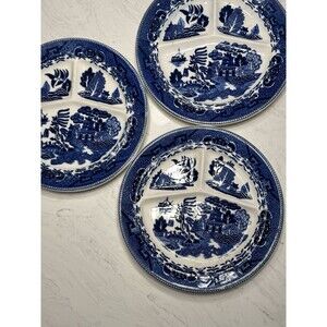 3 Vintage Blue Willow Ware Grill Plates Blue White Divided Made In Japan